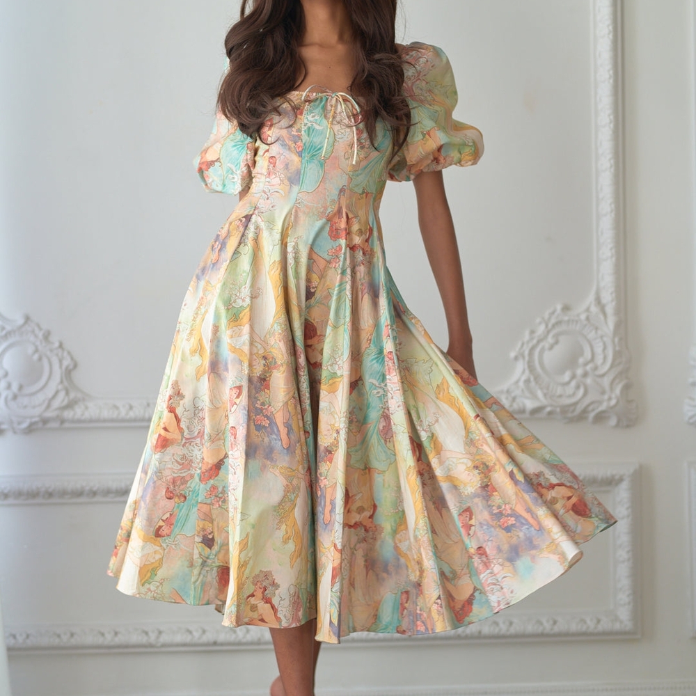 XXS Selkie Mucha Dress (Elegant Multicolor Puff Sleeve Dress)